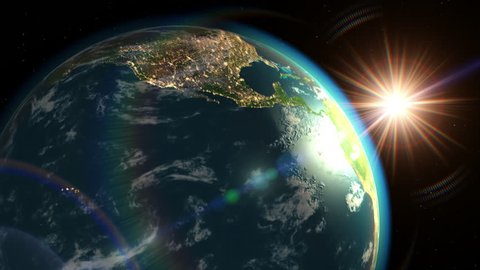 Earth and sun rising, view from the outside. 3D animation. Texture of the Earth was created in the graphic editor without photos and other images. The pattern of the city lights furnished by NASA.