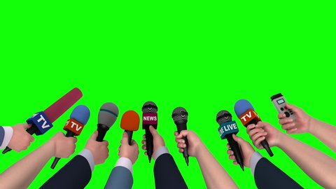 Microphones in the hands of journalists on green background, 3D animation