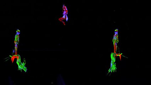 ST. PETERSBURG, RUSSIA - JANUARY 2, 2016: Brothers Zapashny circus, "UFO. Alien Planet Circus" show in Saint Petersburg. Aerial gymnasts perform on invisible in darkness cables.