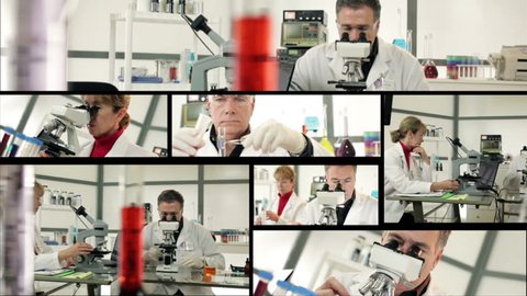 A series of laboratory or chemistry lab scenes arranged in a montage.