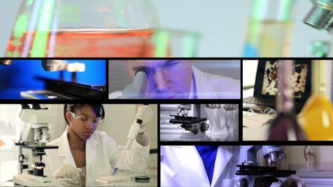 A montage or grouping of scenes with laboratory equipment and personnel in action.