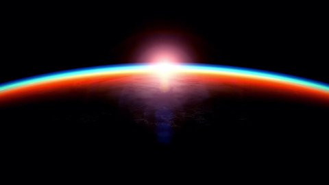 View of the sunrise from space, beautiful 3D animation. Texture of the Earth was created in the graphic editor without photos and other images.