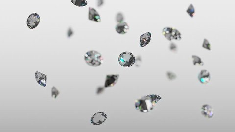 Seamless loop of realistic brilliant diamonds raining down in slow motion with a soft focus and light gray background