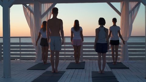 group of people practice yoga on terrace near the sea at dawn slow motion Video stock