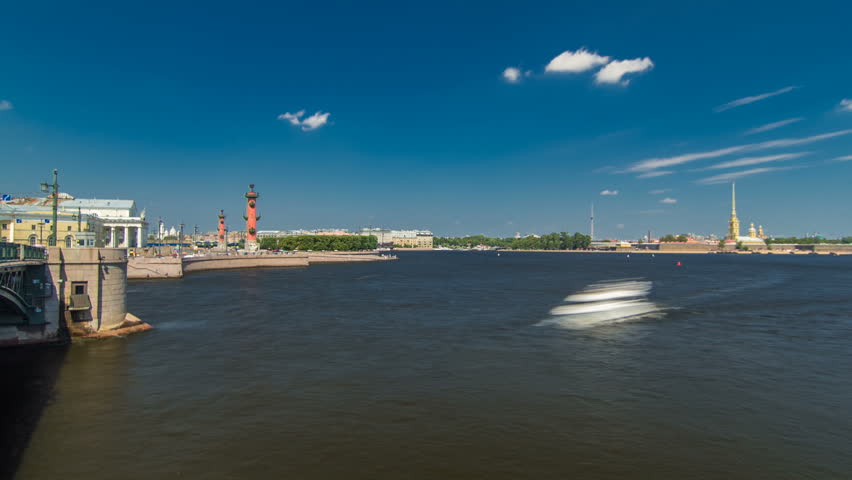 Strelka - Spit of Vasilyevsky Island with the Old Stock Exchange and Rostral Columns timelapse in Saint Petersburg, Russia