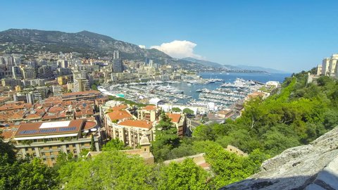 Panoramic view of Monte Carlo city. Luxury yachts and apartments in harbor of Monte Carlo, Cote d'Azur, Principality of Monaco (Time Lapse)