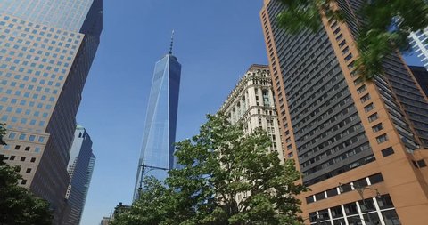 NEW YORK - Circa July, 2016 - Looking up at the Freedom Tower as seen from the Hudson River Greenway Bike Trail.	 	