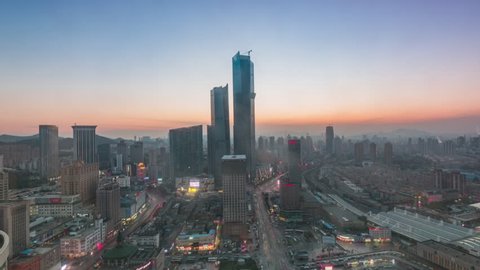Dalian Skyline,Oct 2015,time lapse,China,Aerial view of high-rise buildings 