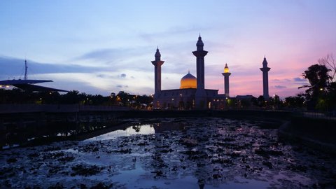 Kuala Lumpur, 21 July 2016: Bukit Jelutong Mosque view sunrise with reflections. Timelapse HD