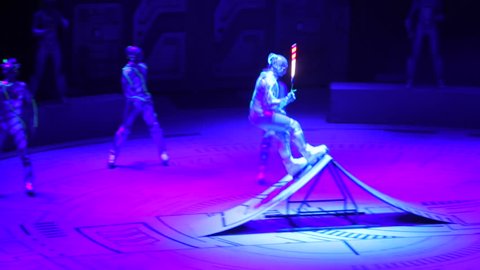 ST. PETERSBURG, RUSSIA - JANUARY 2, 2016: Brothers Zapashny circus, "UFO. Alien Planet Circus" show in Saint Petersburg. Roller skaters in alien costumes perform on the stage