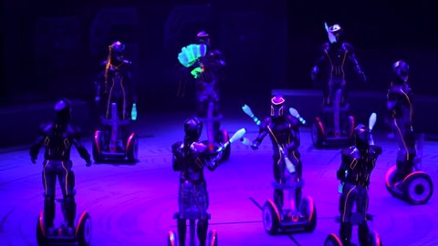 ST. PETERSBURG, RUSSIA - JANUARY 2, 2016: Brothers Zapashny circus, "UFO. Alien Planet Circus" show in Saint Petersburg. Aliens on segways juggle and throw pins to their leader.