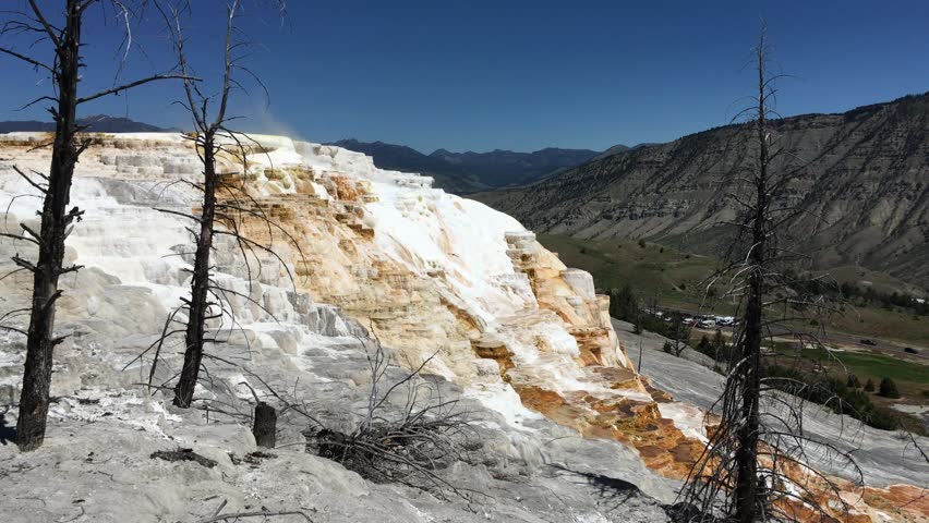 Mammoth Hot Springs is a large complex of hot springs on a hill of travertine in Yellowstone National Park
