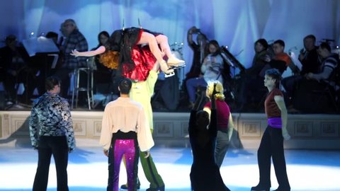 MOSCOW, RUSSIA - JANUARY 12, 2016: Full rehearsal of theater of ice miniatures perfomance anniversary program "We are 30" under direction of I.Bobrin. Dancing artists. Killed woman ascends into heaven