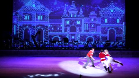 MOSCOW, RUSSIA - JANUARY 12, 2016: Full rehearsal of theater of ice miniatures perfomance anniversary program "We are 30" under direction of I.Bobrin. Mari, Nutcracker and Mouse King dance on ice