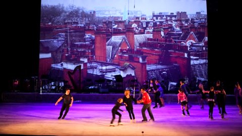 MOSCOW, RUSSIA - JANUARY 12, 2016: Full rehearsal of theater of ice miniatures perfomance anniversary program "We are 30" under direction of I.Bobrin. Artists dance on ice, spinning around and gliding