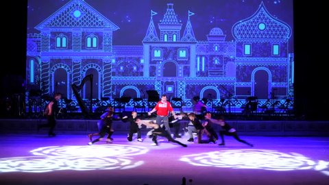 MOSCOW, RUSSIA - JANUARY 12, 2016: Full rehearsal of theater of ice miniatures perfomance anniversary program "We are 30" under direction of I.Bobrin. Actors perform on ice, dancing and gliding
