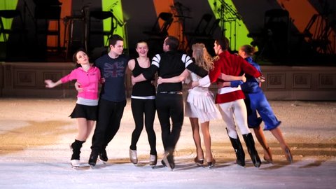 MOSCOW, RUSSIA - JANUARY 12, 2016: Full rehearsal of theater of ice miniatures perfomance anniversary program "We are 30" under direction of I.Bobrin. Line of artists spins around