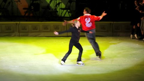 MOSCOW, RUSSIA - JANUARY 12, 2016: Full rehearsal of theater of ice miniatures perfomance anniversary program "We are 30" under direction of I.Bobrin. Figure skaters dance on ice