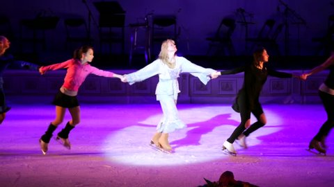 MOSCOW, RUSSIA - JANUARY 12, 2016: Full rehearsal of theater of ice miniatures perfomance anniversary program "We are 30" under direction of I.Bobrin. Actresses perform on ice, dance, play roles