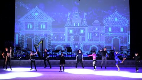 MOSCOW, RUSSIA - JANUARY 12, 2016: Full rehearsal of theater of ice miniatures perfomance anniversary program "We are 30" under direction of I.Bobrin. Actors dance and leave the stage
