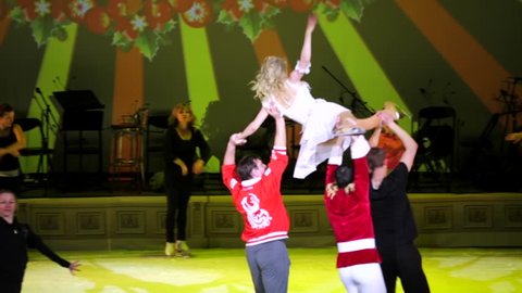 MOSCOW, RUSSIA - JANUARY 12, 2016: Full rehearsal of theater of ice miniatures perfomance anniversary program "We are 30" under direction of I.Bobrin. Figure skaters do tricks on ice
