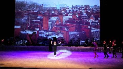 MOSCOW, RUSSIA - JANUARY 12, 2016: Full rehearsal of theater of ice miniatures perfomance anniversary program "We are 30" under direction of I.Bobrin. Artists clap and wave goodbye