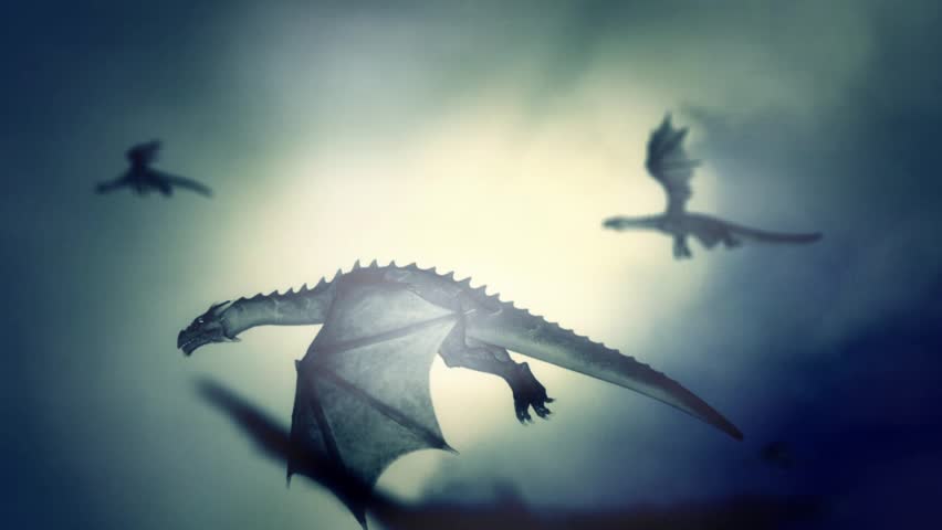 A Pack of Dragons Flying in the Sky Against the Wind