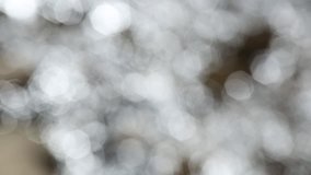 Beauty of nature. Full hd video footage of defocused glitter of real surface of floating fast mountain river. Abstract Christmas holiday background of grey, brown and silver colors.