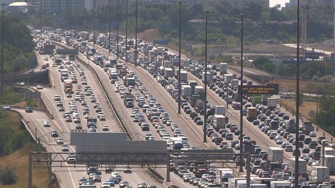 Toronto, Ontario, Canada July 2015 Epic rush hour gridlock traffic jam on Toronto highway 401