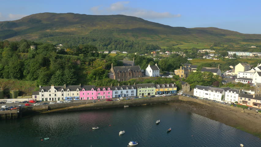 Aerial view of Tobermory harbour and town Highlands Scotland UK Royalty-Free Stock Footage #18153835