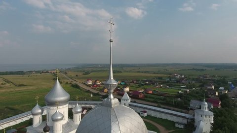 Aerial view of bell tower of Nikitsky monastery in Pereslavl-Zalessky city, Russia