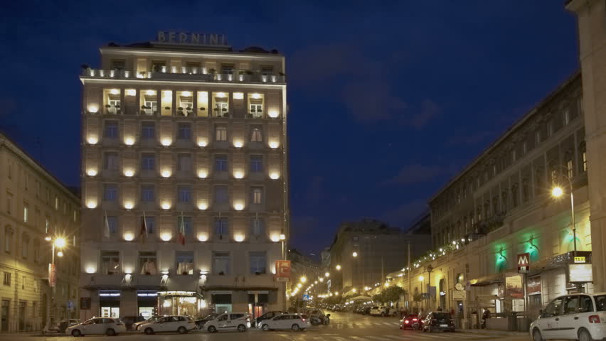 ROME, ITALY - OCTOBER 26 2011 Timelapse of Hotel bernini bristol at night at