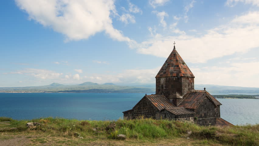 Timelapse of the famous Church on the coast of the Sevan Lake, Armenia