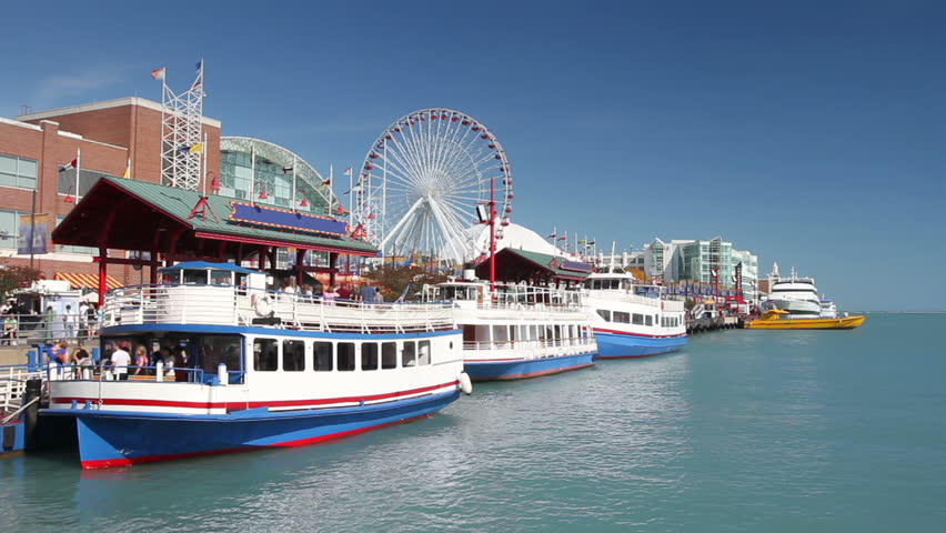 Ferries boarding at the famous Navy Pier at Lake Michigan in Chicago on a clear summer day