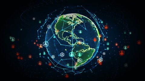 4K Digital World Networks of People Color - A rendering of the earth conveying the digital age and global connectivity. This clip is available in multiple color options and loops seamlessly.
