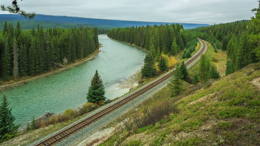 Cargo train passing near Bow River at Morants Curve,Banff National park, Alberta, Canada