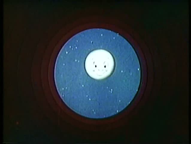 Cartoon of man in the moon through porthole
