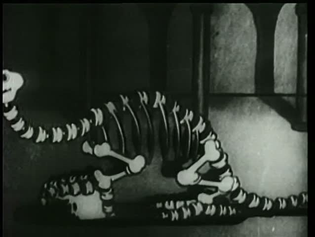 Dinosaur skeleton coming  to life in a museum