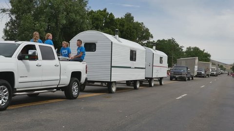 FOUNTAIN GREEN, UTAH - JULY 2016: The small rural town of Fountain Green, Utah tries for Guinness record setting number of sheep camps on parade during their annual summer celebration of Lamb Day.