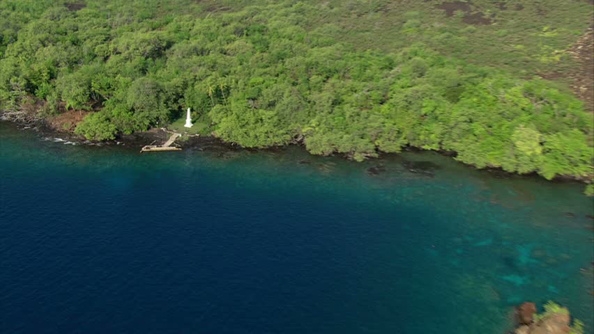 Aerial over the Captain Cook Monument at Kealakekua Bay, Hawaii