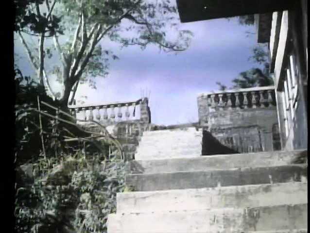 Low anlge view of soldiers battling on staircase