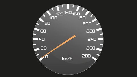 Video of isolated speedometer - tachometer - first accelerating to 270 km/ h, then it stays on this top speed and then it slow down to zero - to full stop