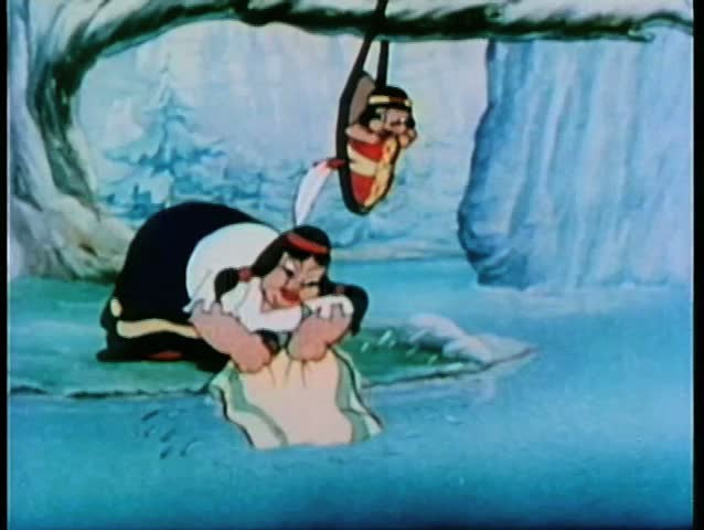 Cartoon of Native American washing clothes in  river