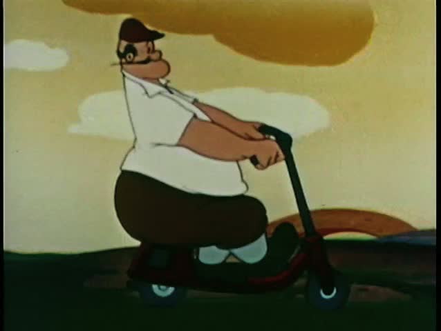 Large man with mustache riding moped on golf green