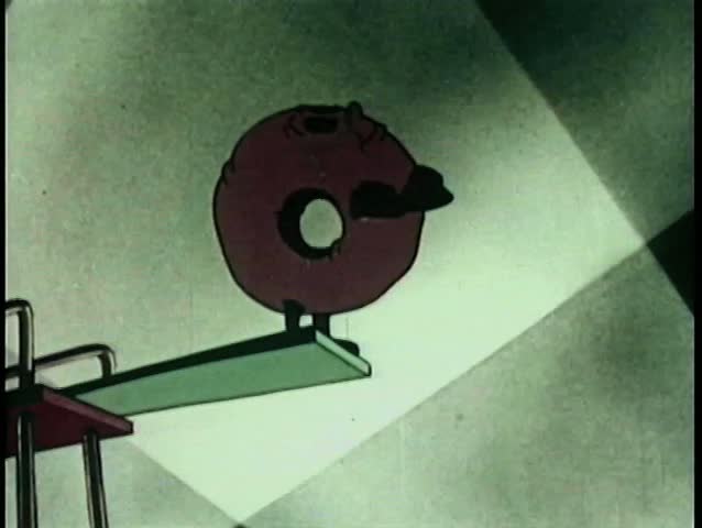 Donut jumping off diving board into a coffee cup