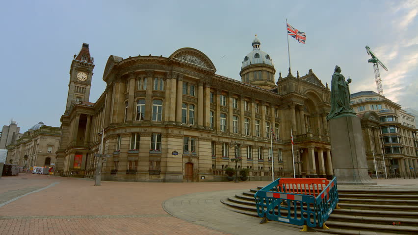 Birmingham, England - Victoria Square early morning. Wide pan of the square from the west near the statue of Queen Victoria. 4K UHD