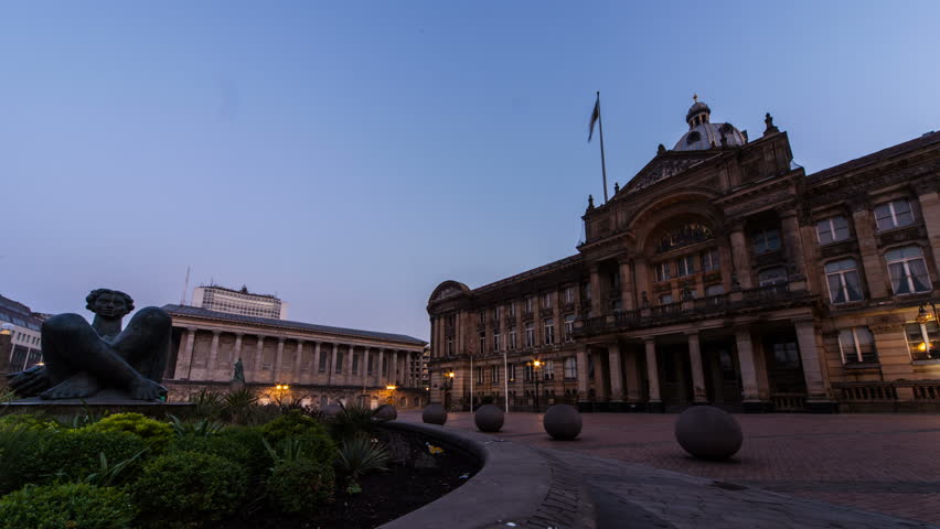 Birmingham, England - Victoria Square early morning time lapse. Looking west with the Council House on the right and Town Hall on left. 4K
