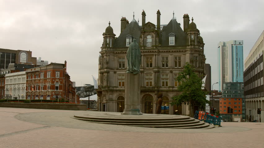 Birmingham, England - Victoria Square early morning. Reverse view from the Council House on the upper level of the square. 4K UHD.