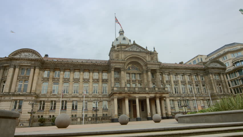 Birmingham, England - Victoria Square early morning. Medium wide angle of the central steps leading up to the Council House. 4K UHD