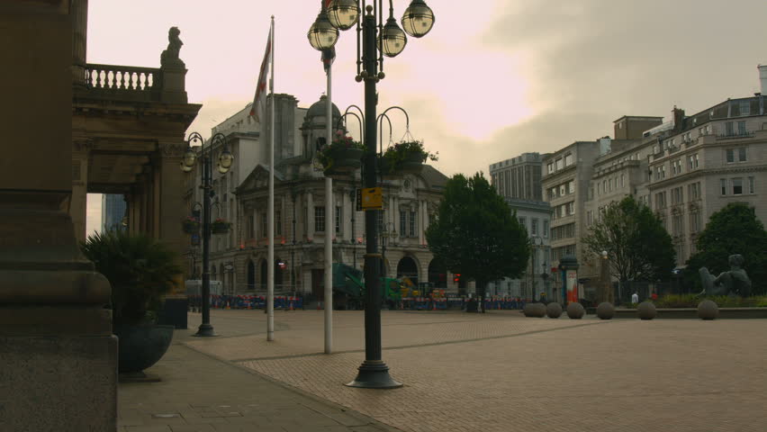 Birmingham, England - Victoria Square early morning. Reverse view from the Council House on the upper level of the square. 4K UHD.